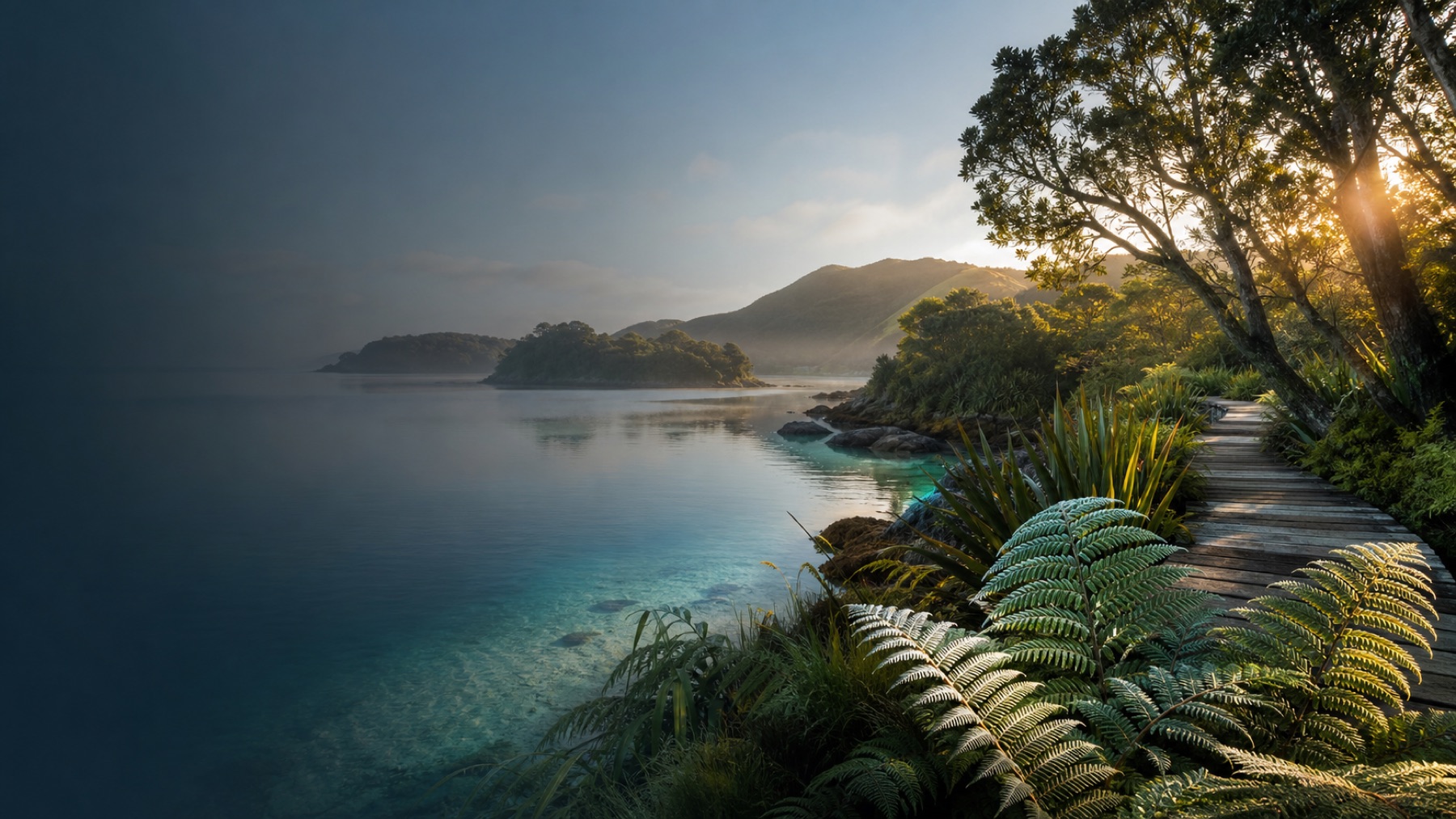 Quiet New Zealand lagoon beside a fern-lined coastal path